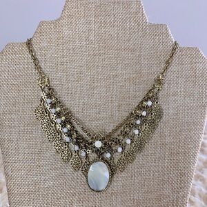 2028 Mother Of Pearl Antique Gold Tone 3 Strand Victorian Style Necklace